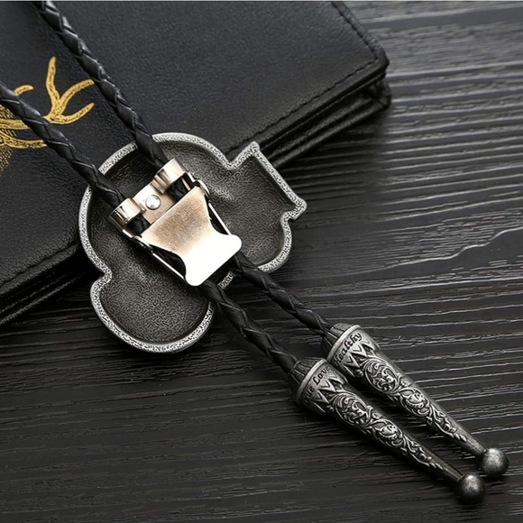 New 39" western eagle Bolo Tie for Men Vintage Shield w/ Handmade Black Leather - Picture 3 of 4